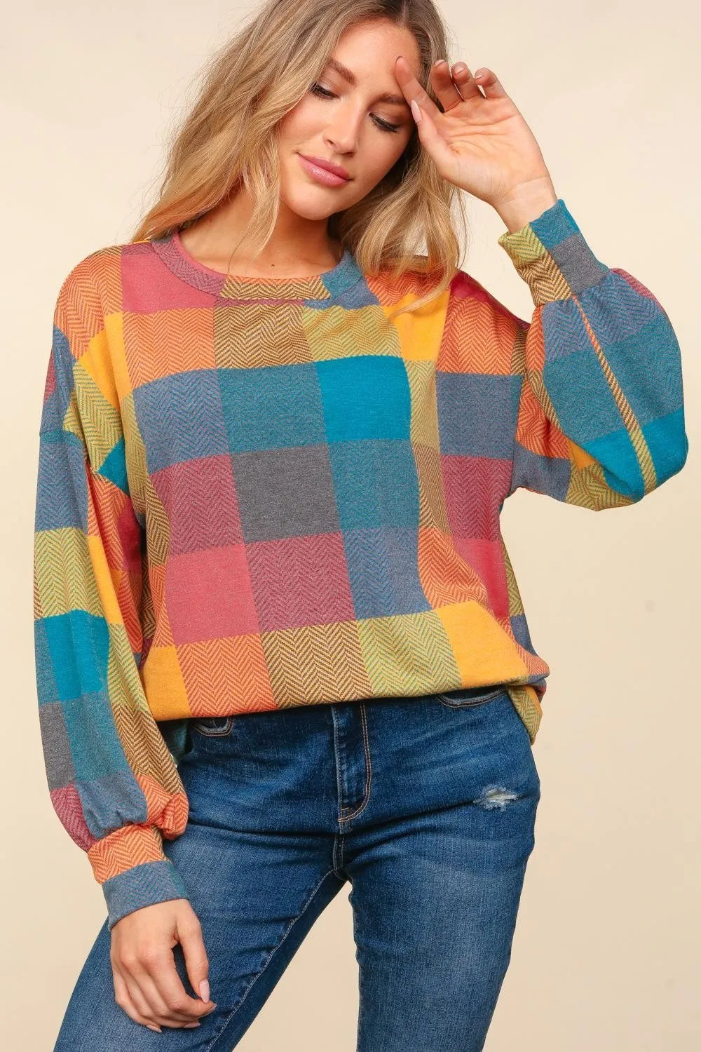 Haptics Round Neck Color Block Plaid Top - Farnelli