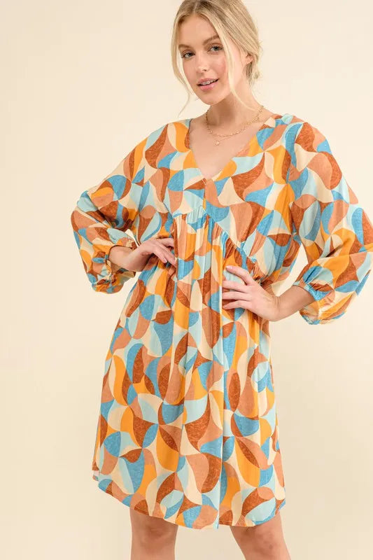 And The Why Printed Open Back Puff Sleeve Casual Dress - Farnelli
