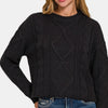 Zenana Cropped High Low Cable Sweater with Side Slits - Black