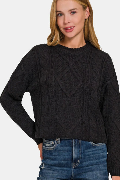 Zenana Cropped High Low Cable Sweater with Side Slits - Farnelli