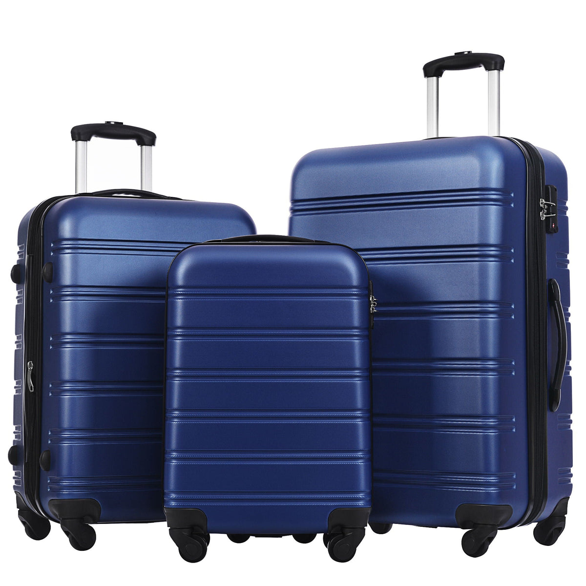 HouseOfZazla 3-piece hardside spinner luggage set in blue, purple, pink, and beige with TSA locks