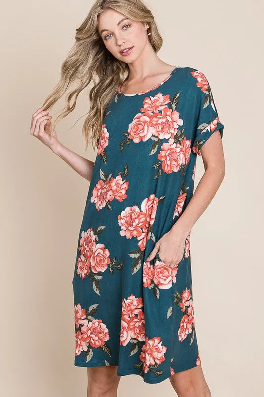 BOMBOM Floral Round Neck Short Tee Dress with Pockets - Farnelli