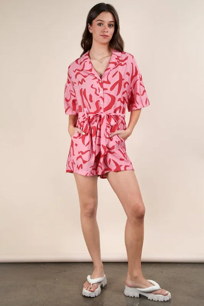 VERY J Oversized Printed Button Down Resort Romper - Farnelli