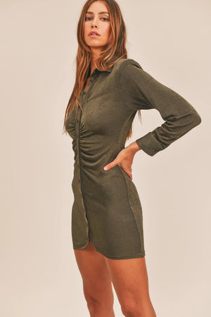 MABLE Front Ruched Button-Down Skinny Mini Shirt Dress - Farnelli