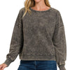 Zenana French Terry Acid Wash Boat Neck Sweatshirt - ASH BLACK