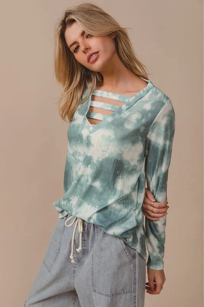 BiBi Variegated Tie Dye Rib V-Neck Top with Strapped - Farnelli