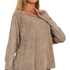 Zenana Crinkle Washed Thumb Hole Cuffs Long Sleeve Top - MOCHA