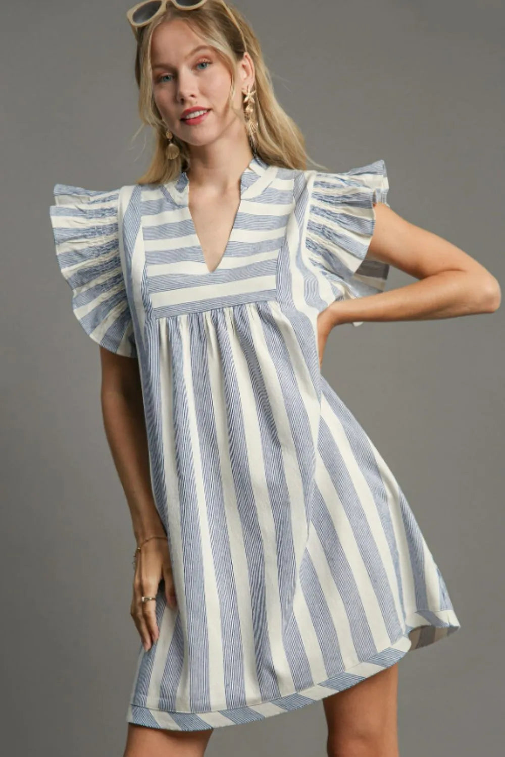 Umgee Full Size Striped Notched Ruffled Cap Sleeve Mini Dress Plus Size - Farnelli