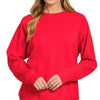 Zenana Fleece Round Neck Ribbed Side Raglan Sweatshirt - RUBY