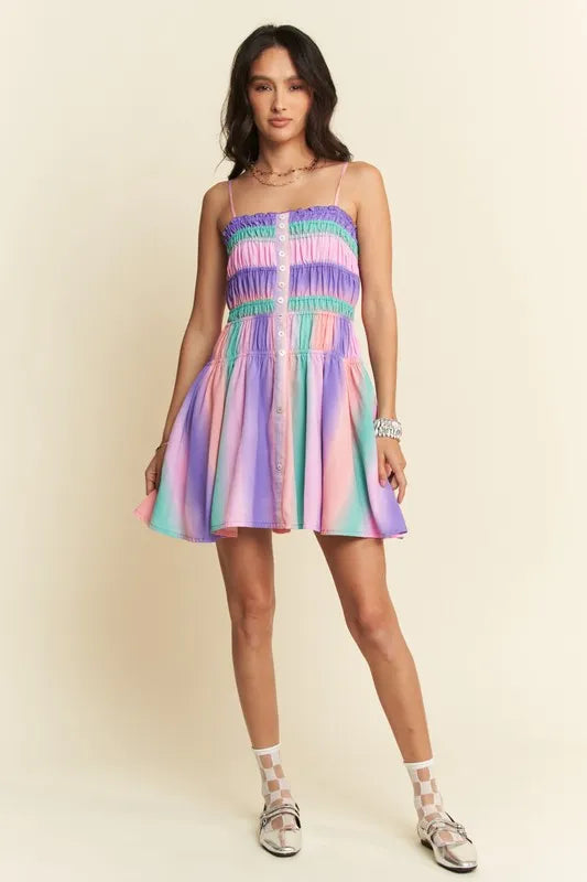 Davi & Dani Multi Color Ombre Printed Bodice Button Up Dress - Farnelli
