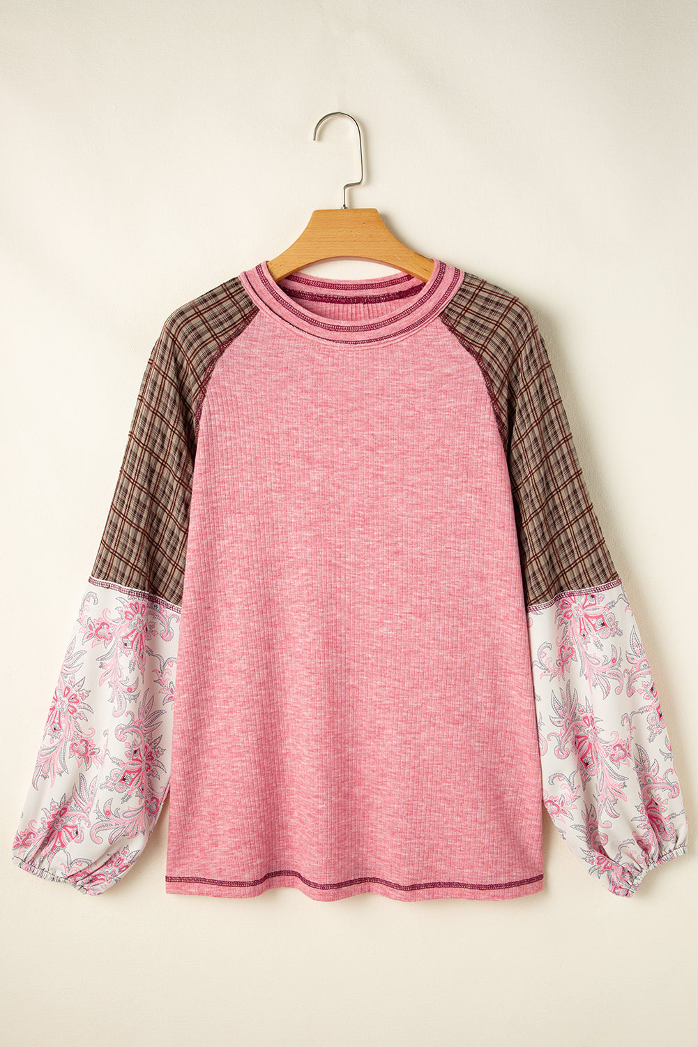 Elena Raglan Sleeve Ribbed Knit Patchwork Blouse - Farnelli