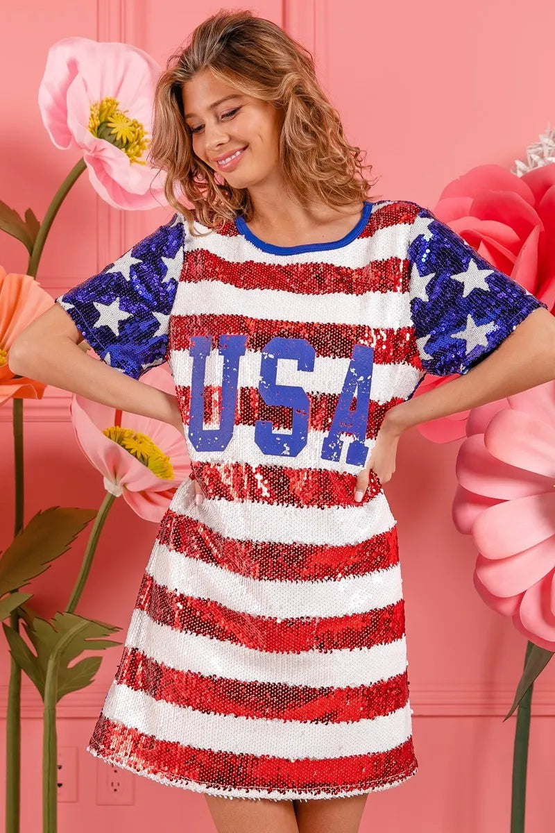 BiBi American Flag Theme Usa Print Sequin Dress - Farnelli