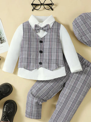 Hat, Long Sleeve Shirt, Plaid Vest and Pants 4-Piece Set - Farnelli