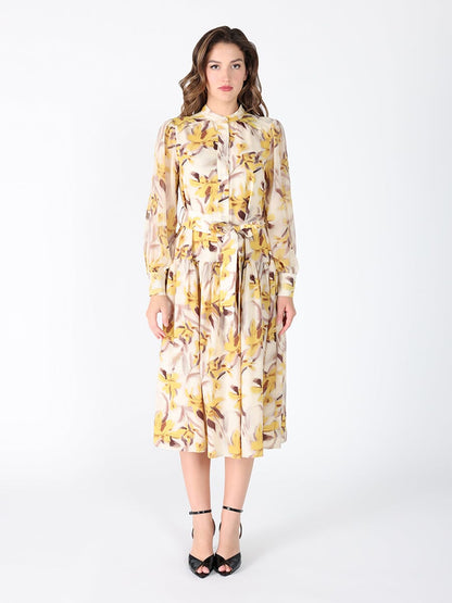 Gracia Fashion Women's Floral Printed Long Sleeve Belt Dress