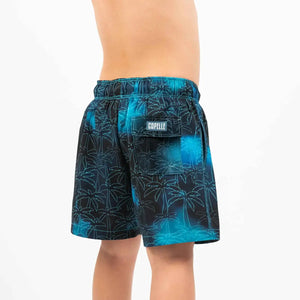 Back view of Foggy Palms Boys hybrid swim and play trunks by Capelle Miami, featuring a colorful palm print design.