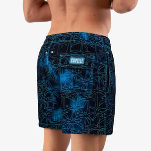 Capelle Miami Foggy Palms Hybrid swim trunks with tropical palm print, compression lining, perfect for pool or resort wear.