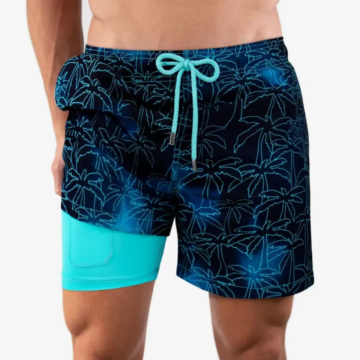 Capelle Miami Foggy Palms hybrid swim trunks with tropical print, compression-lined for swim and resort wear.