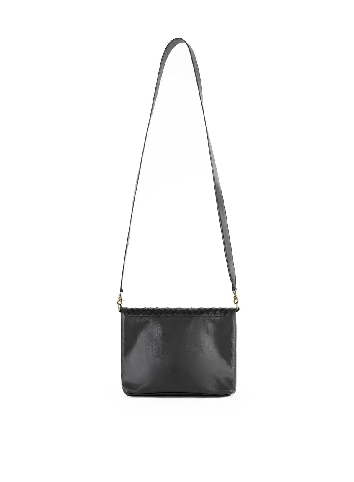 Deux Mains black Foldover Clutch Crossbody bag, back view with adjustable strap and foldover design