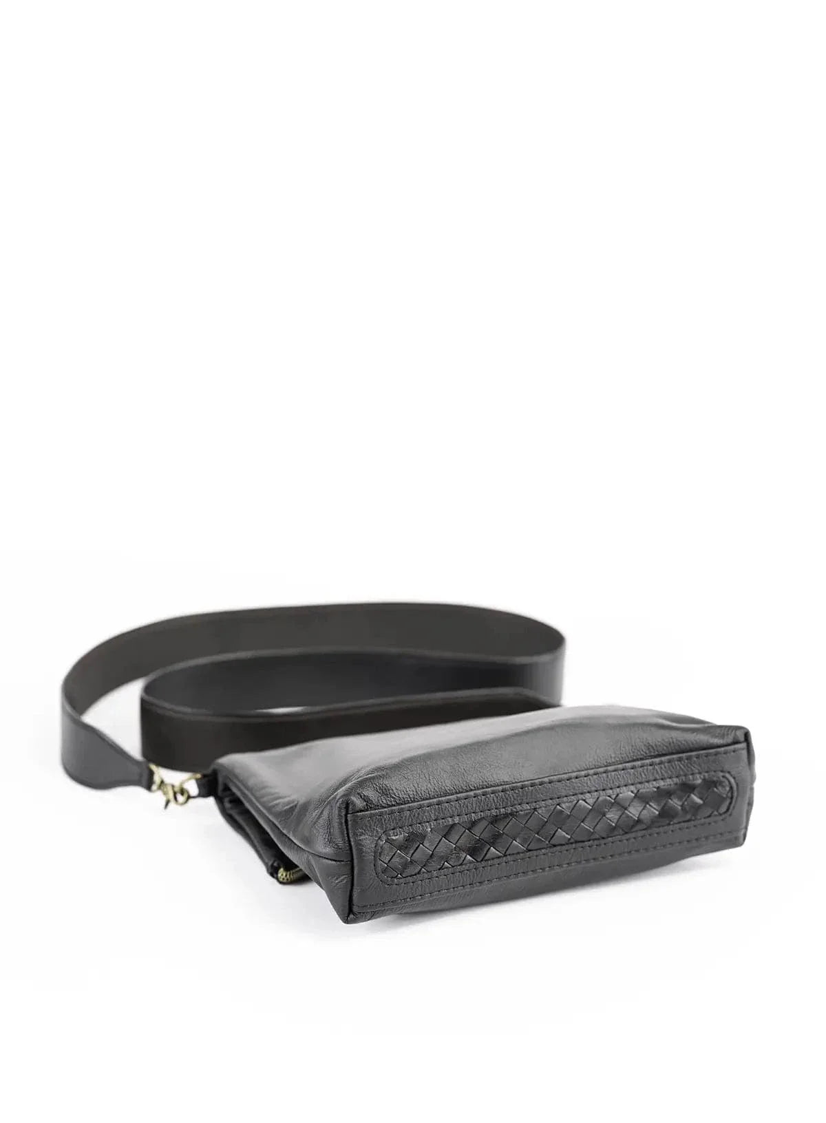 Deux Mains black Foldover Clutch Crossbody bag with foldover design and adjustable strap