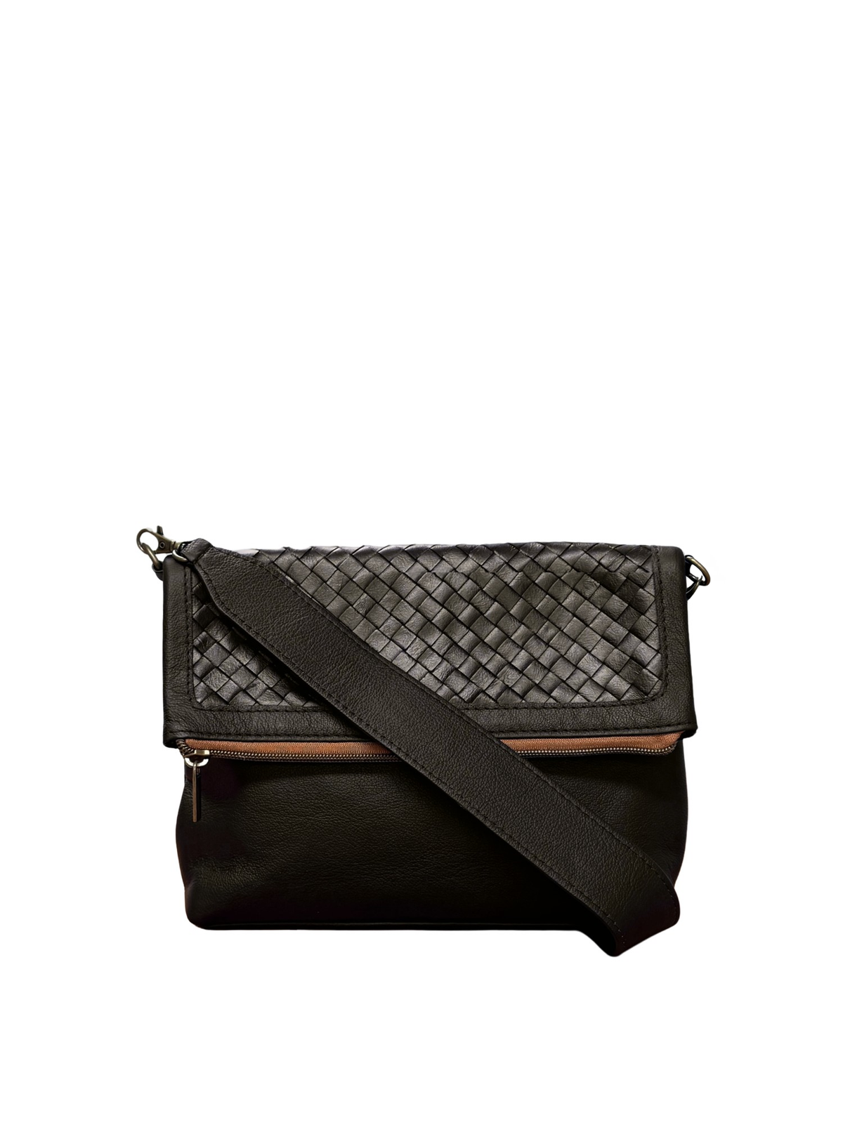 Deux Mains foldover clutch crossbody bag in black, front view