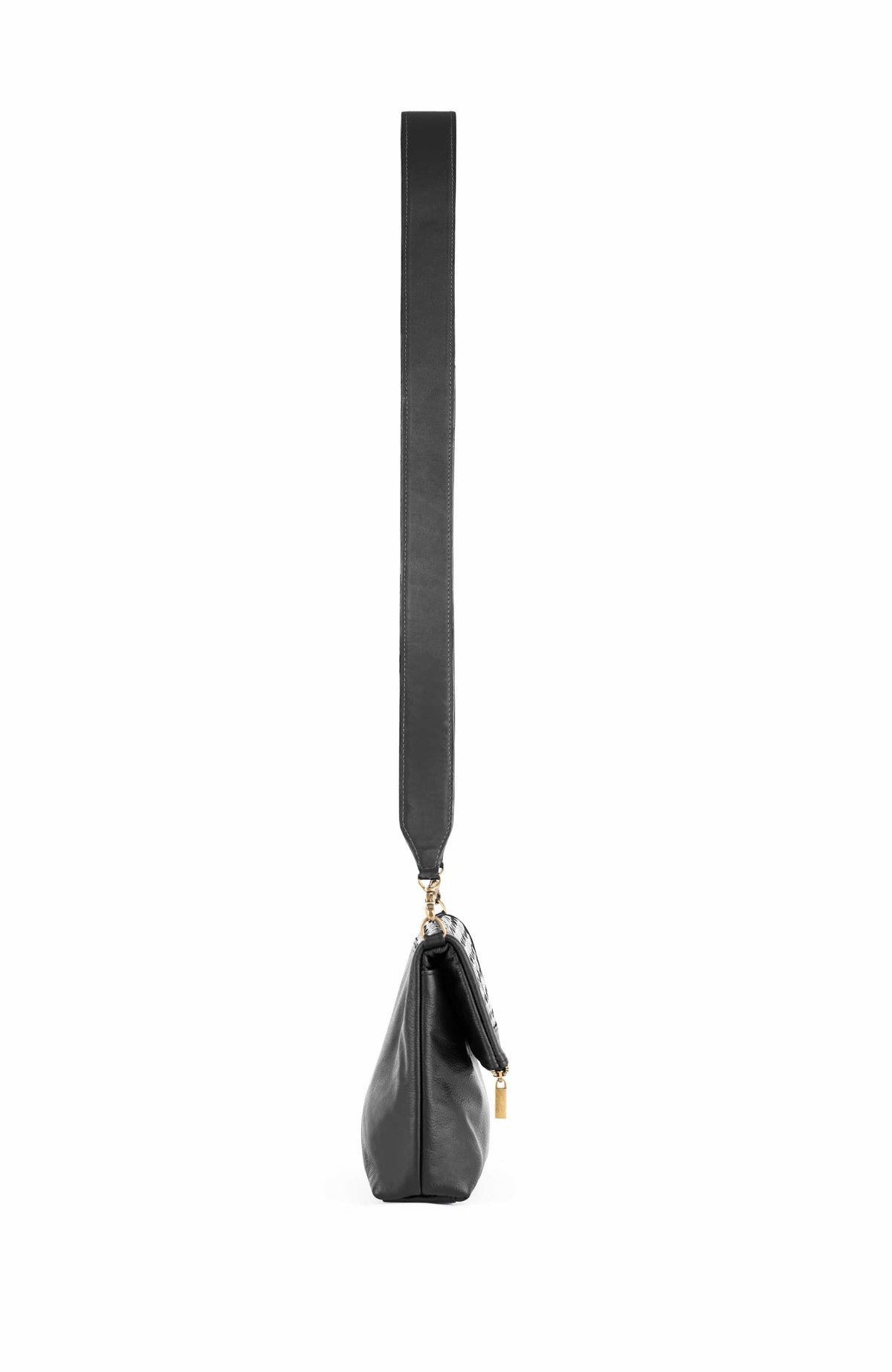 Deux Mains black Foldover Clutch Crossbody bag shown from the side