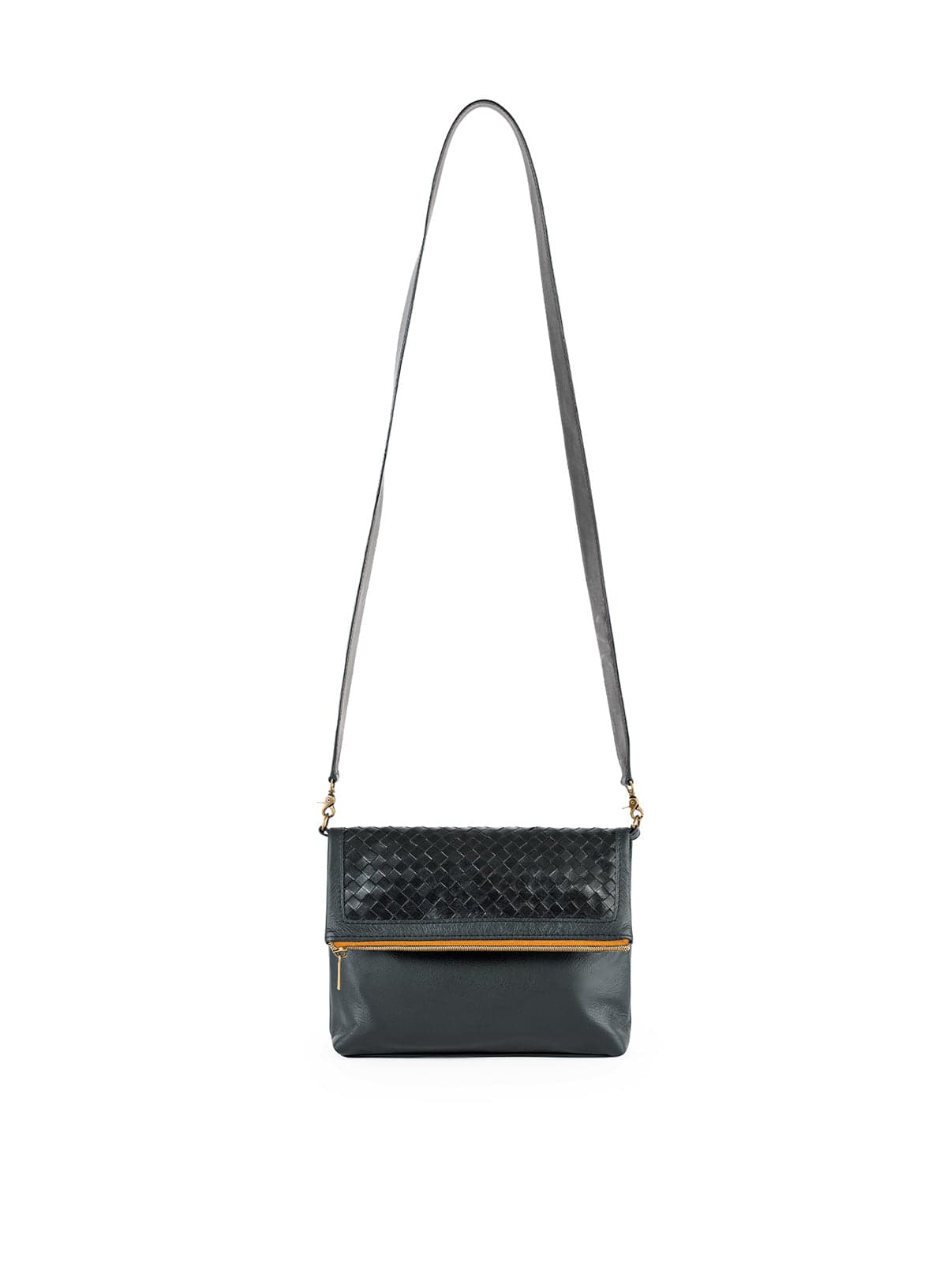 Deux Mains black Foldover Clutch Crossbody bag, front view