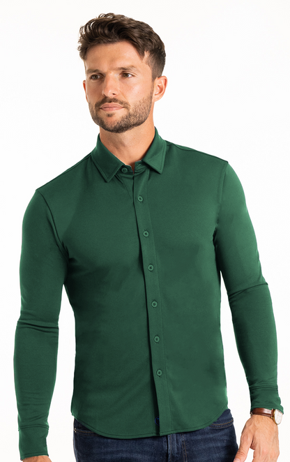 Twillory long sleeve button-down polo shirt in solid forest green, made from breathable fabric, with a classic collar and button cuffs.