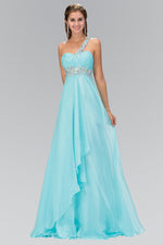 One Shoulder Chiffon Long Dress Accented with Jewel - Farnelli