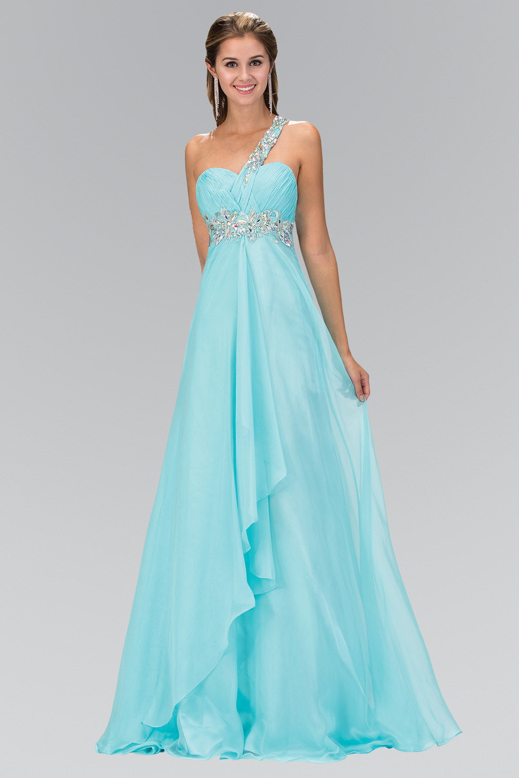 One Shoulder Chiffon Long Dress Accented with Jewel - Farnelli