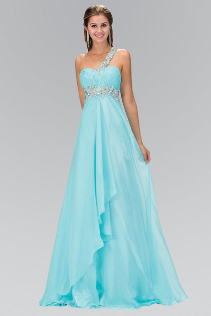 One Shoulder Chiffon Long Dress Accented with Jewel - Farnelli