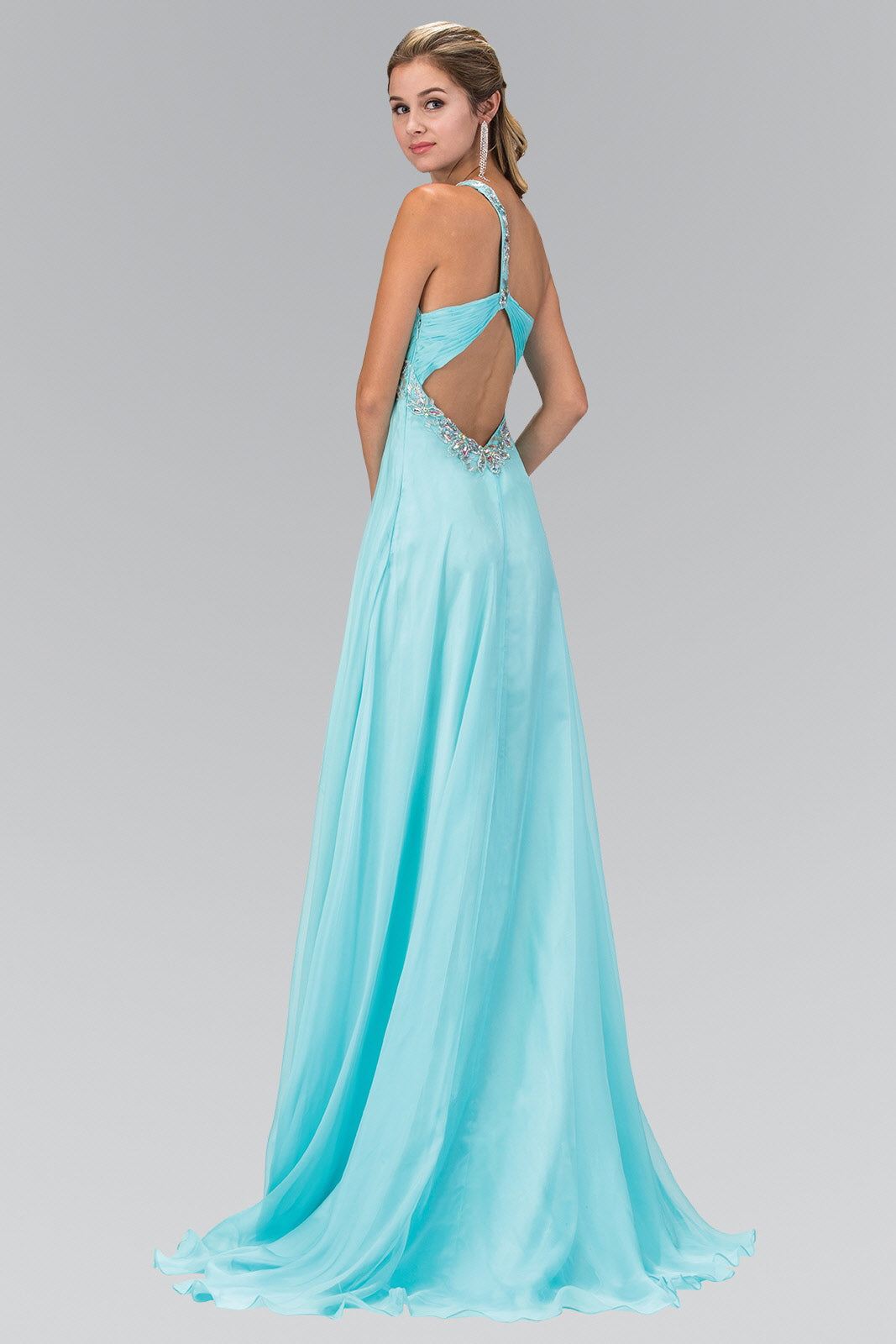 One Shoulder Chiffon Long Dress Accented with Jewel - Farnelli