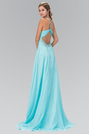 One Shoulder Chiffon Long Dress Accented with Jewel - Farnelli