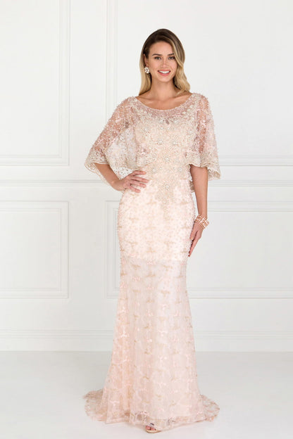 Mesh Mermaid Long Dress with Embroidered Cape Sleeves - Farnelli