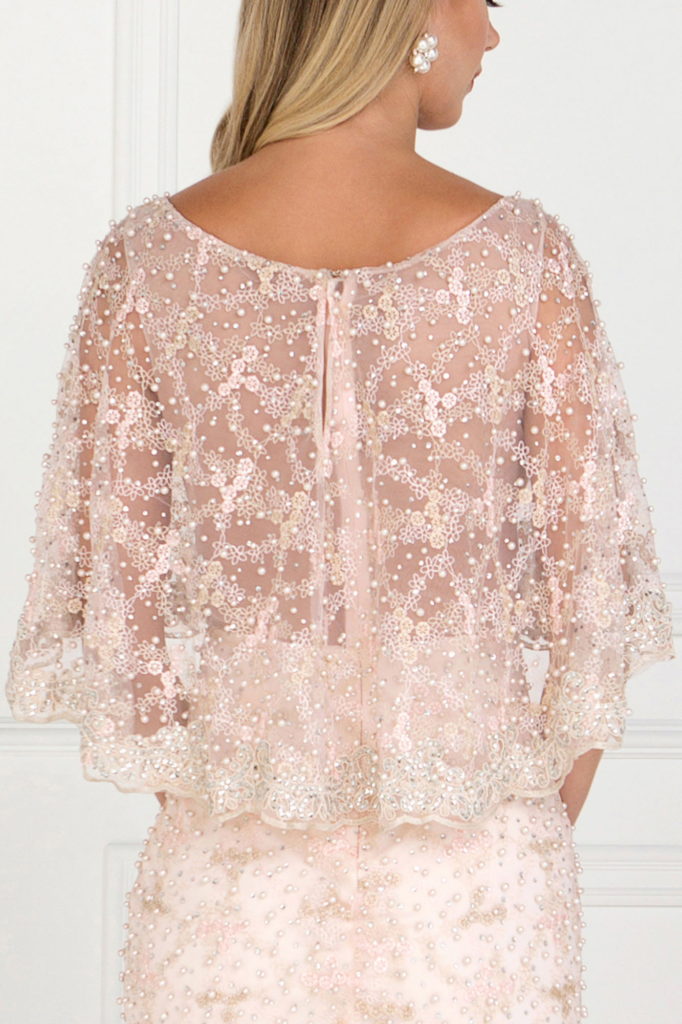Mesh Mermaid Long Dress with Embroidered Cape Sleeves - Farnelli