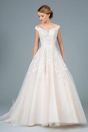 Embroidery Embellished Mesh A-Line Wedding Gown w/ Tail - Farnelli