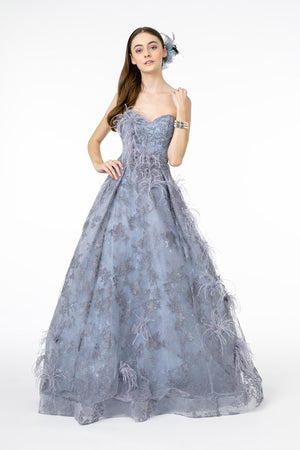 Feather Embellished Embroidered Sweetheart Mesh/Lace Long Dress - Farnelli