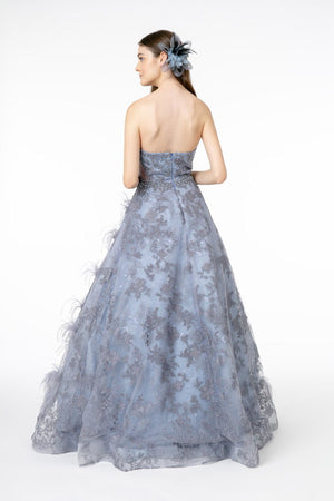 Feather Embellished Embroidered Sweetheart Mesh/Lace Long Dress - Farnelli