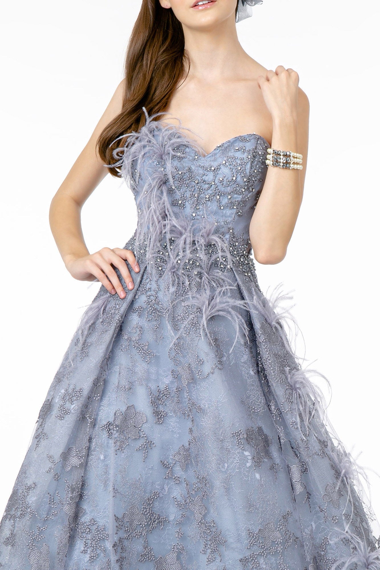 Feather Embellished Embroidered Sweetheart Mesh/Lace Long Dress - Farnelli