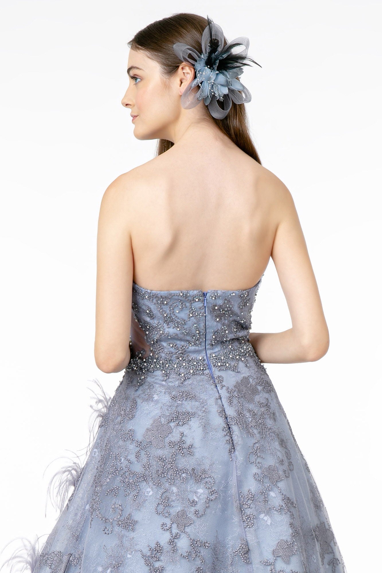 Feather Embellished Embroidered Sweetheart Mesh/Lace Long Dress - Farnelli