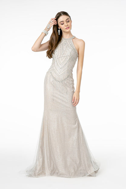 Jewel Embellished Mermaid Mesh Long Dress - Farnelli