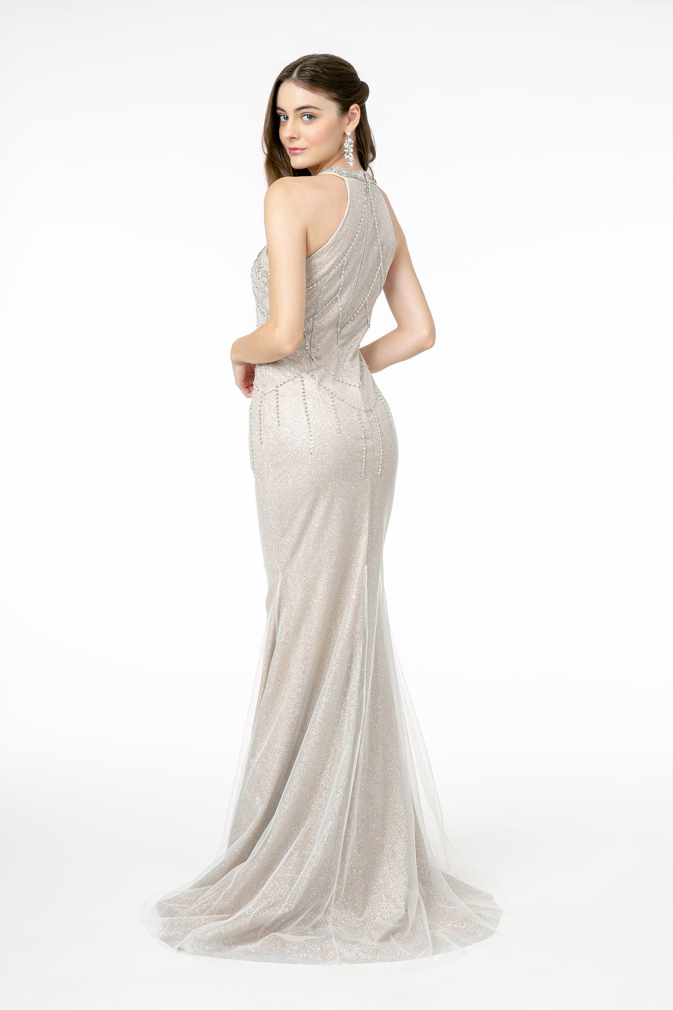 Jewel Embellished Mermaid Mesh Long Dress - Farnelli
