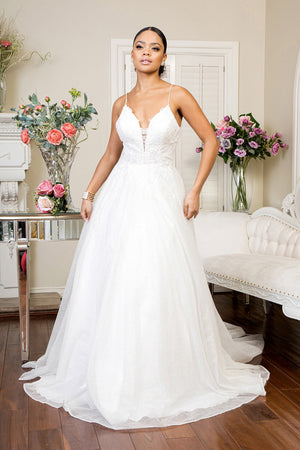Embroidered Bodice Sweethearted Glitter Mesh Wedding Gown - Farnelli