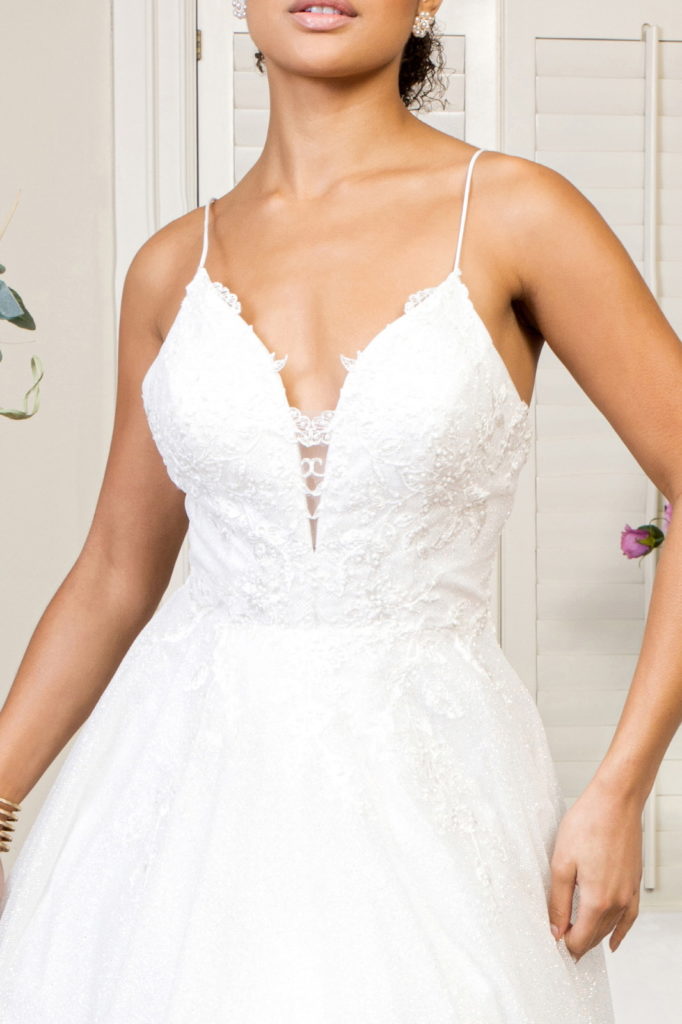 Embroidered Bodice Sweethearted Glitter Mesh Wedding Gown - Farnelli