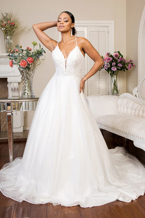 Embroidered Bodice Sweethearted Glitter Mesh Wedding Gown w/ Spaghetti Strap - Farnelli