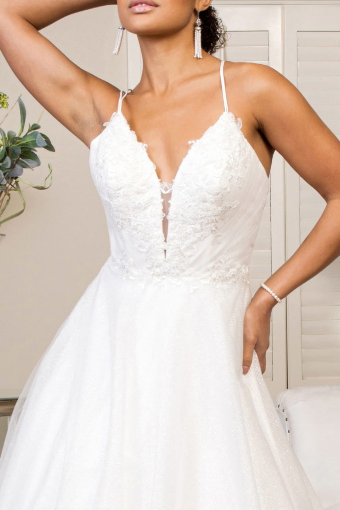 Embroidered Bodice Sweethearted Glitter Mesh Wedding Gown w/ Spaghetti Strap - Farnelli