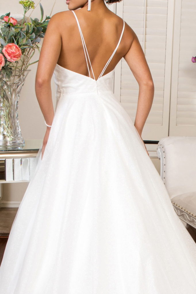 Embroidered Bodice Sweethearted Glitter Mesh Wedding Gown w/ Spaghetti Strap - Farnelli