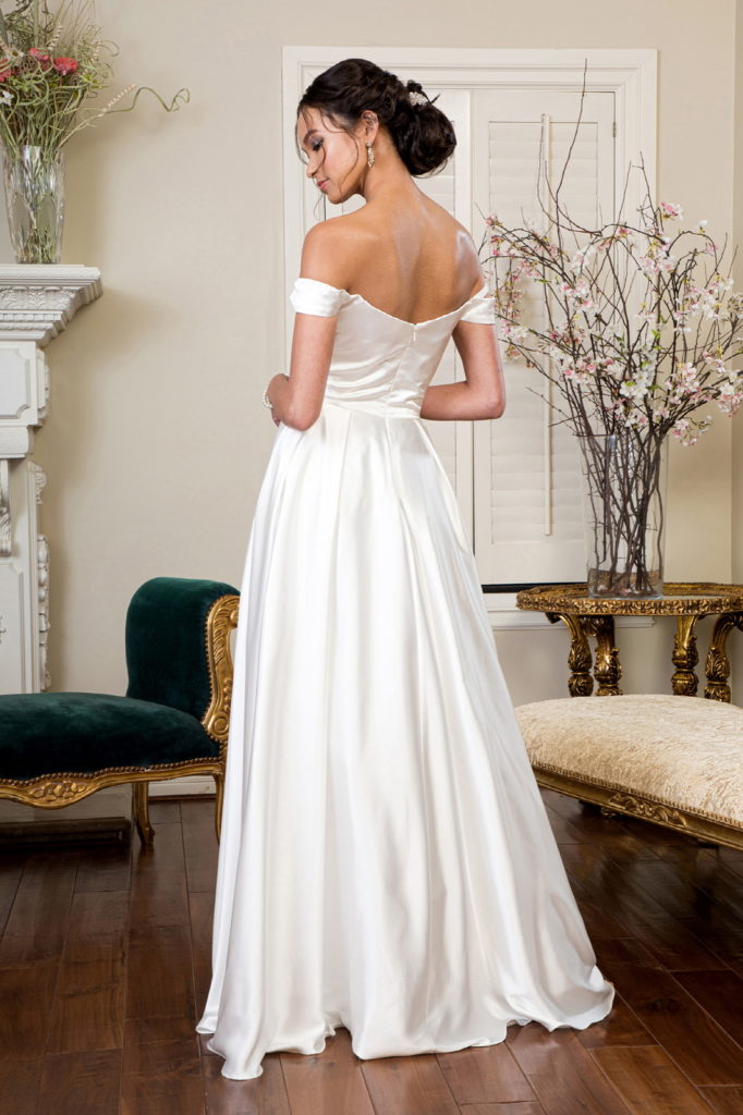 Pleated Waistline Sweethearted Cut-Away Shoulder Satin A-Line Dress - Farnelli
