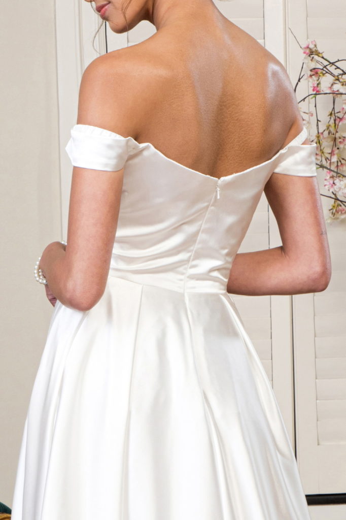 Pleated Waistline Sweethearted Cut-Away Shoulder Satin A-Line Dress - Farnelli