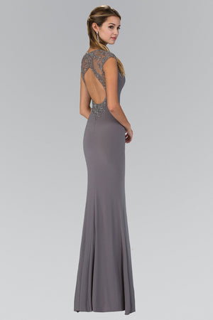 Open Back Cap Sleeve Long Dress Accented with bead - Farnelli