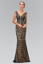 V-Neck Lace Embellished Long Dress with Jewel Detailing - Farnelli